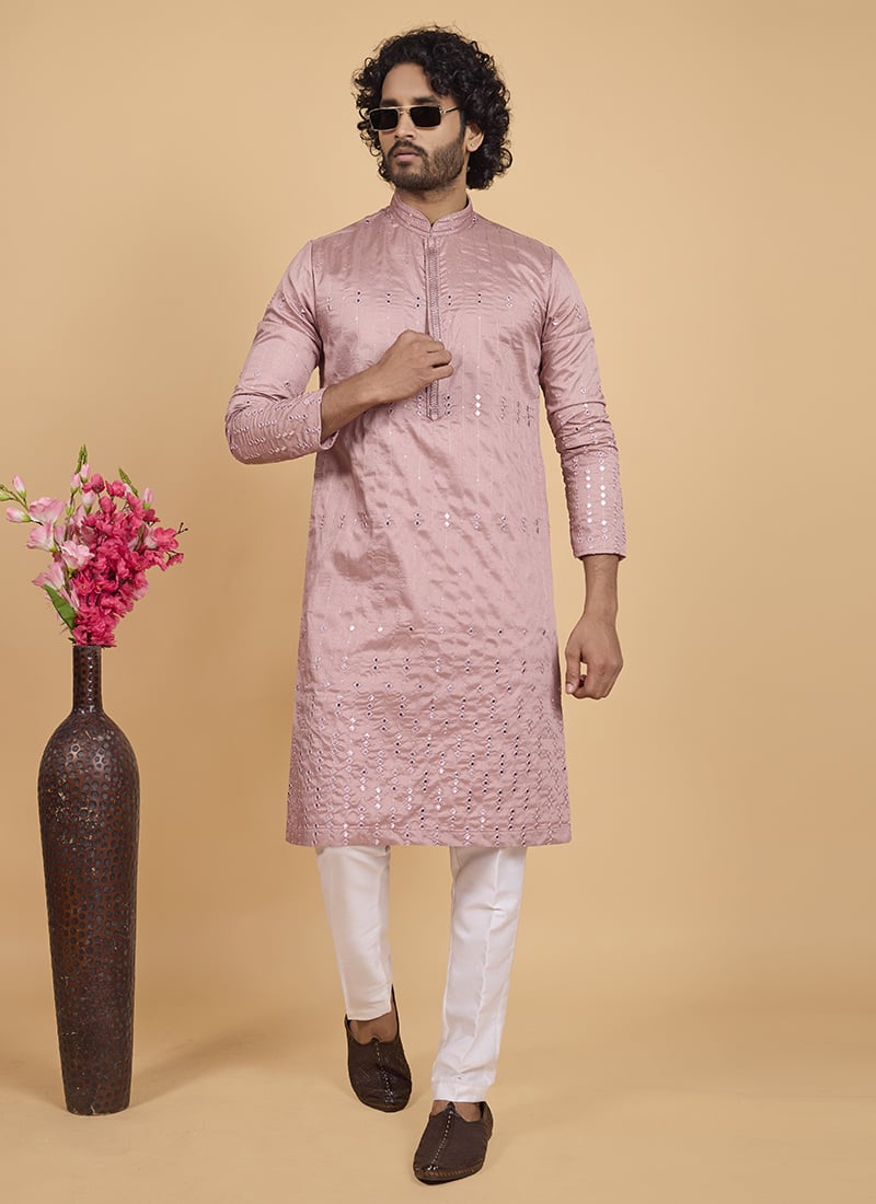Onion Pink Silk Embroidered Sequins Kurta Pyjama Festive Wear