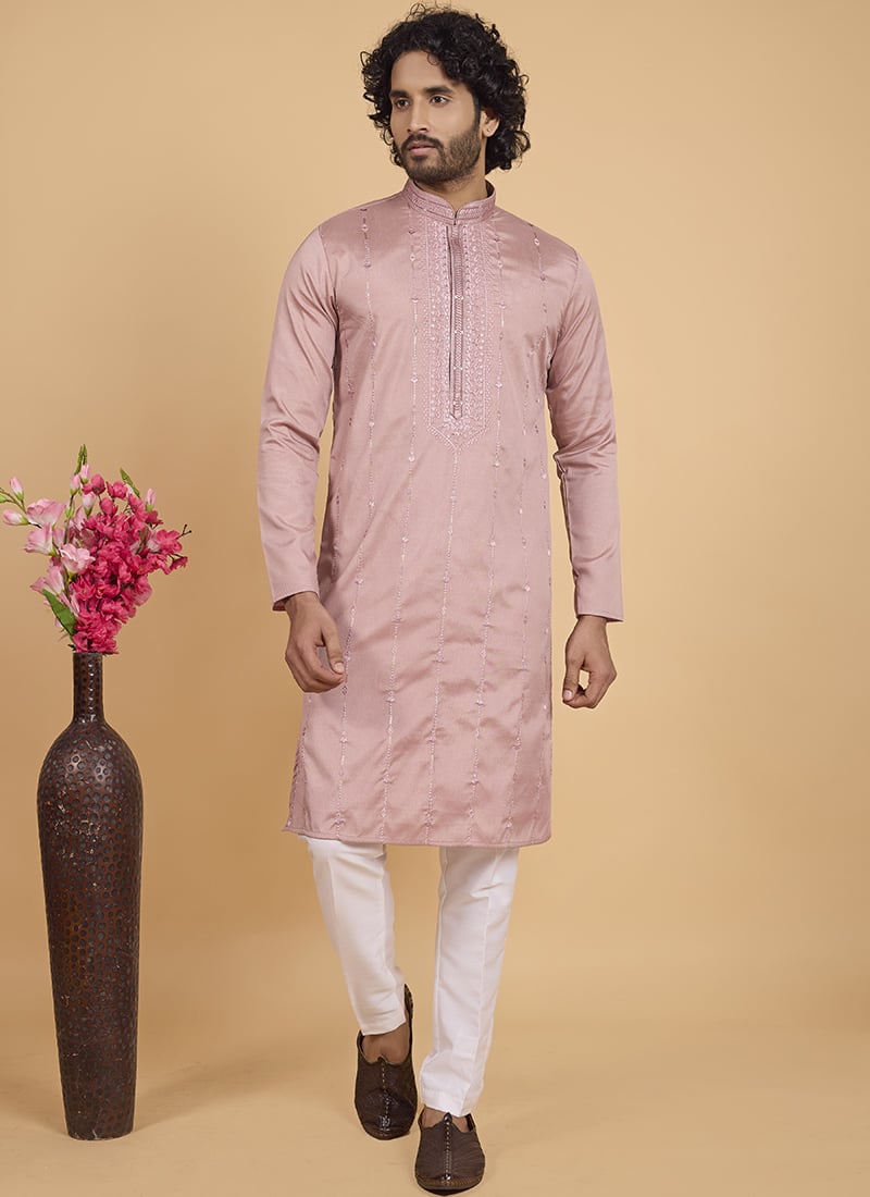 Onion Pink Silk Embroidered Sequins Kurta Pyjama Festive Wear