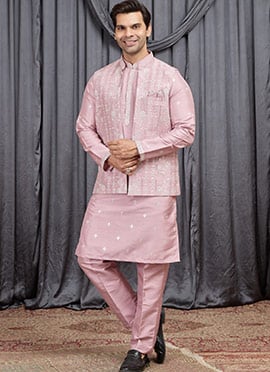 Onion Pink Silk Embroidered Sequins Thread Bandi Set Festive Wear