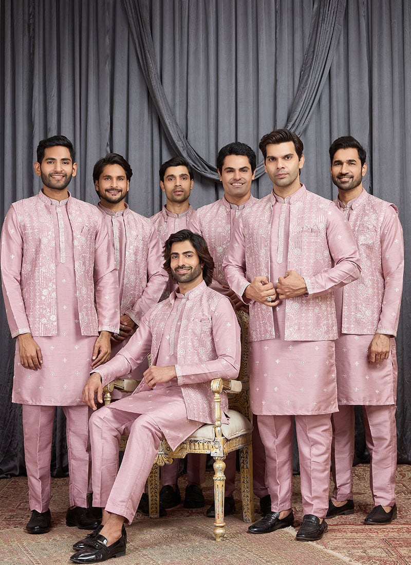 Onion Pink Silk Embroidered Sequins Thread Bandi Set Festive Wear