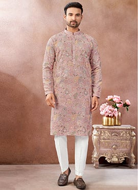 Onion Pink Silk Embroidered Sequins Thread Kurta Pyjama