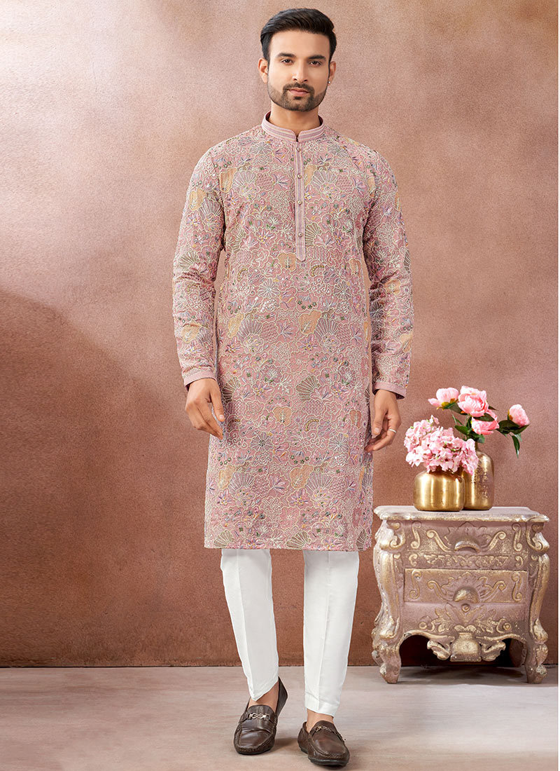 Onion Pink Silk Embroidered Sequins Thread Kurta Pyjama Festive Wear