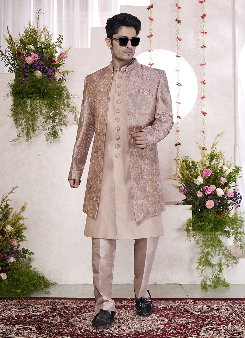 Onion Pink Silk Hand Embroidered Digital Print Indowestern Sherwani