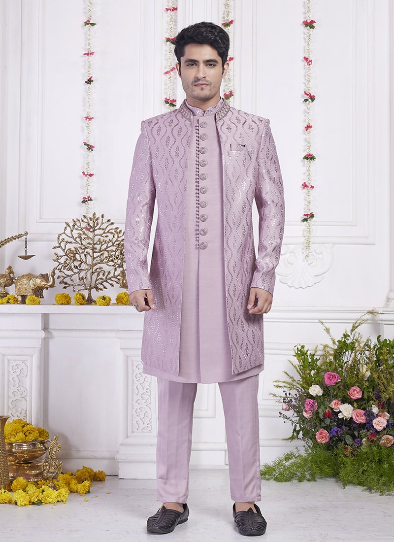 Onion Pink Silk Hand Embroidered Sequins Indowestern Sherwani