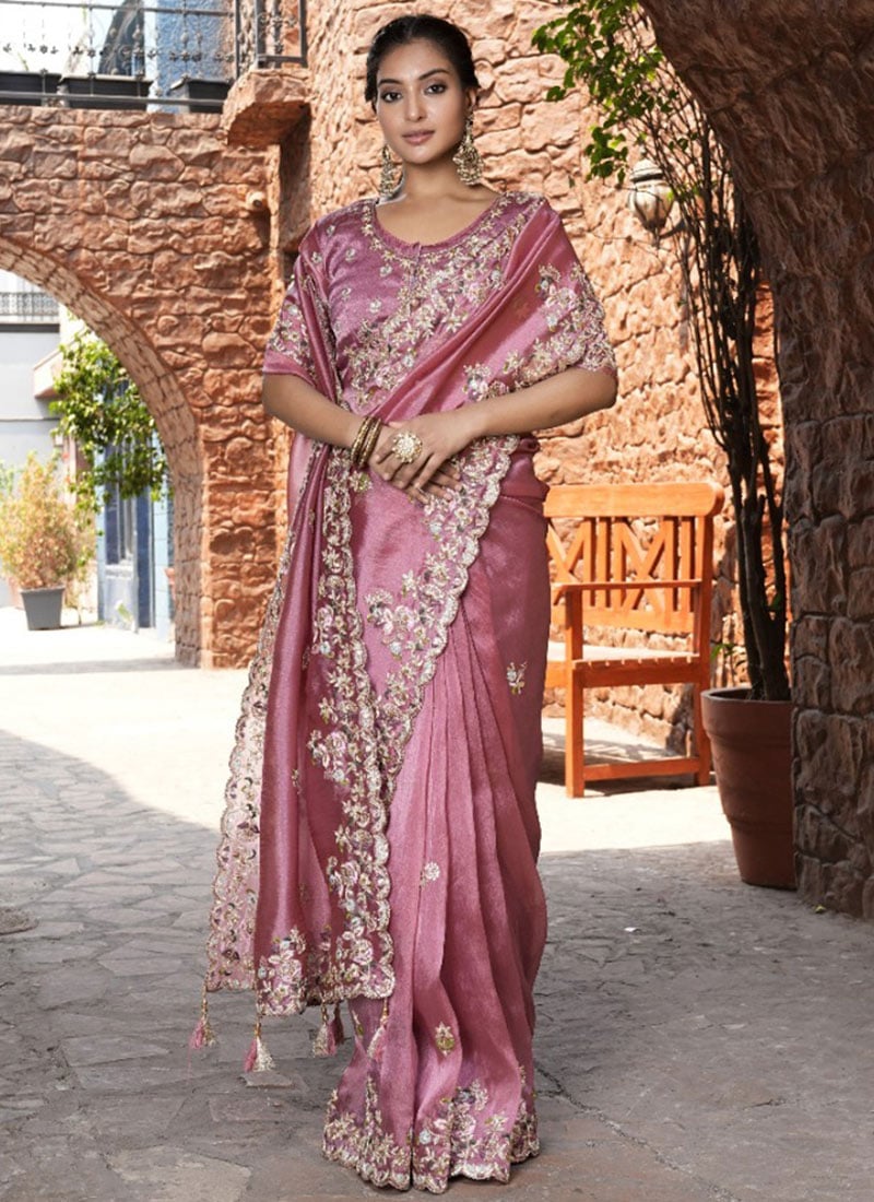 Onion Pink Silk Hand Embroidered Stone And Beads Work Saree Wedding Wear