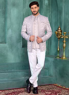 Onion Pink Silk Jacquard Embroidered Jacquard Bandhgala Jacket