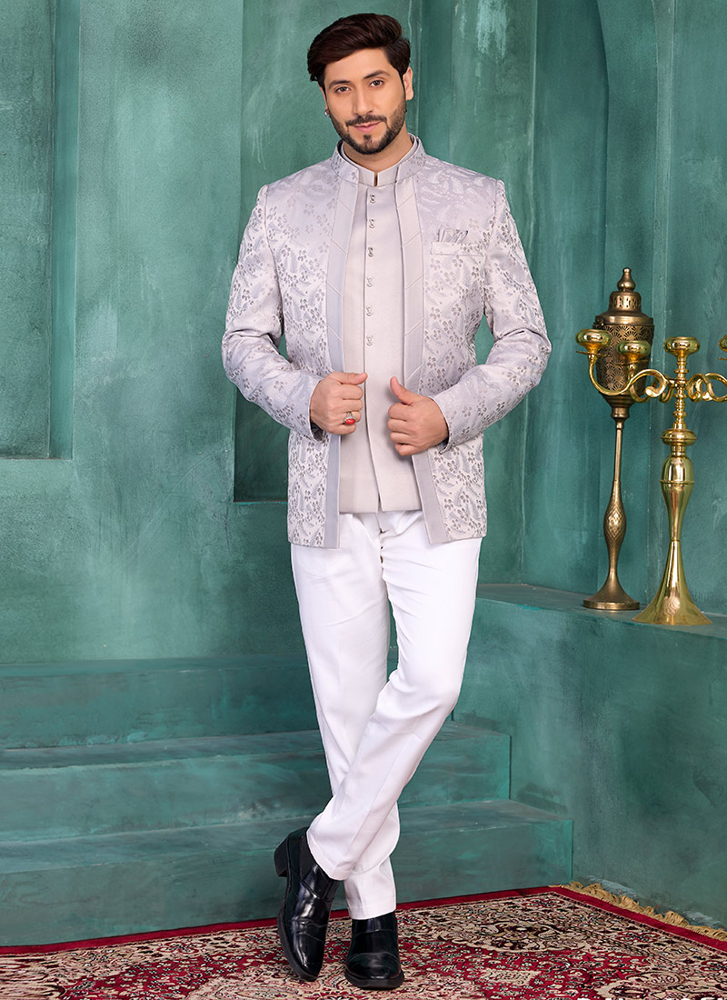Onion Pink Silk Jacquard Embroidered Jacquard Bandhgala Jacket