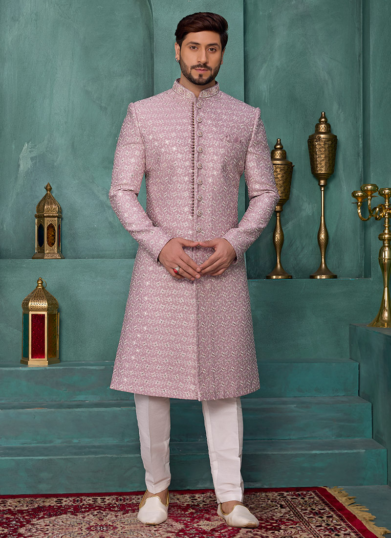 Onion Pink Silk Sequins Embroidered Indowestern Sherwani Wedding Wear