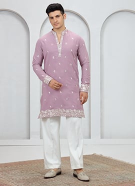 Onion Pink Silk Sequins Embroidered Kurta Pyjama