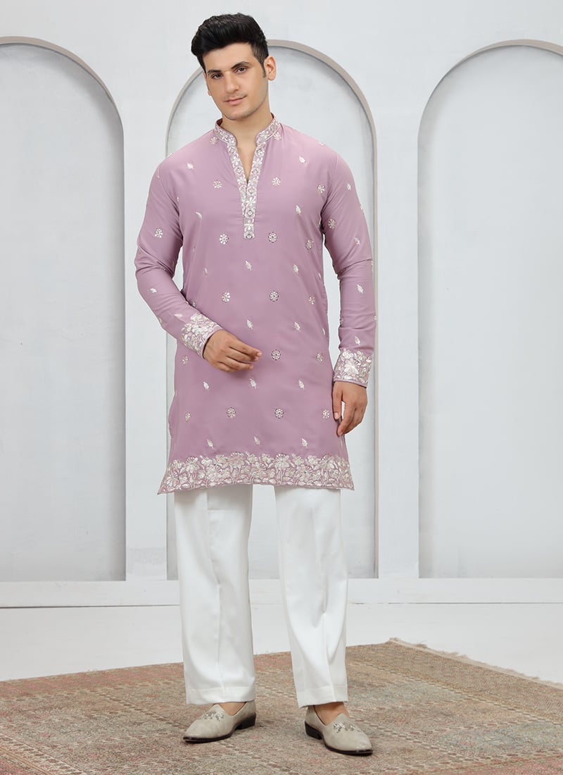 Onion Pink Silk Sequins Embroidered Kurta Pyjama Festive Wear