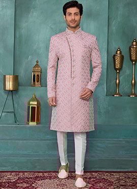 Onion Pink Silk Sequins Embroidered Stones Beads Thread Indowestern Sherwani