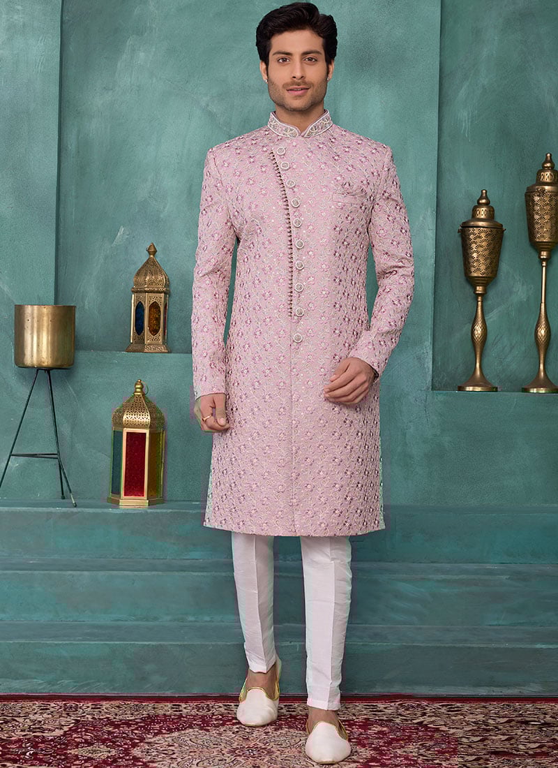 Onion Pink Silk Sequins Embroidered Stones Beads Thread Indowestern Sherwani Wedding Wear