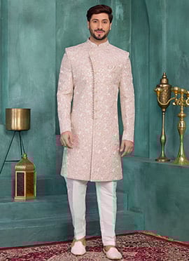 Onion Pink Silk Sequins Embroidered Thread Indowestern Sherwani