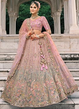 Onion Pink Silk Thread Embroidered And Cut Work Umbrella Lehenga