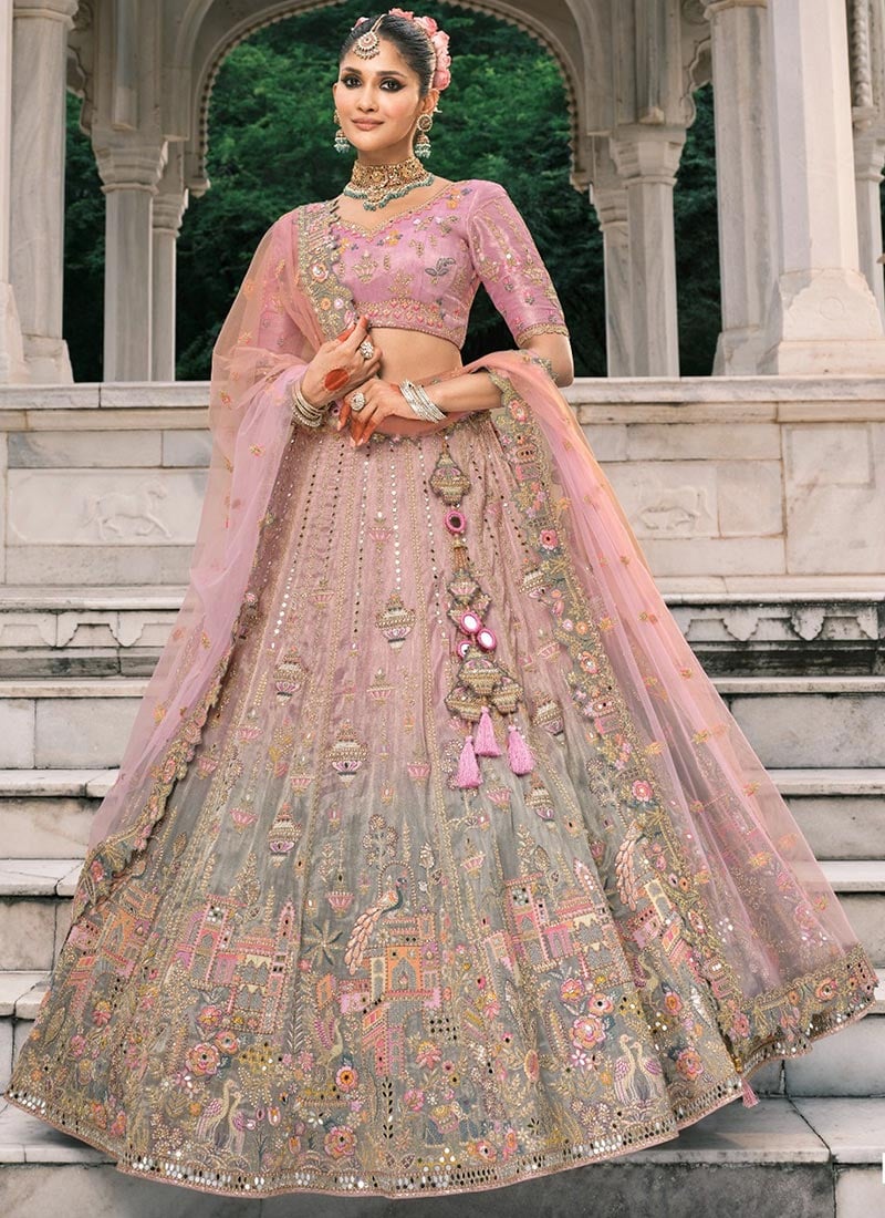 Onion Pink Silk Thread Embroidered And Cut Work Umbrella Lehenga Wedding Wear