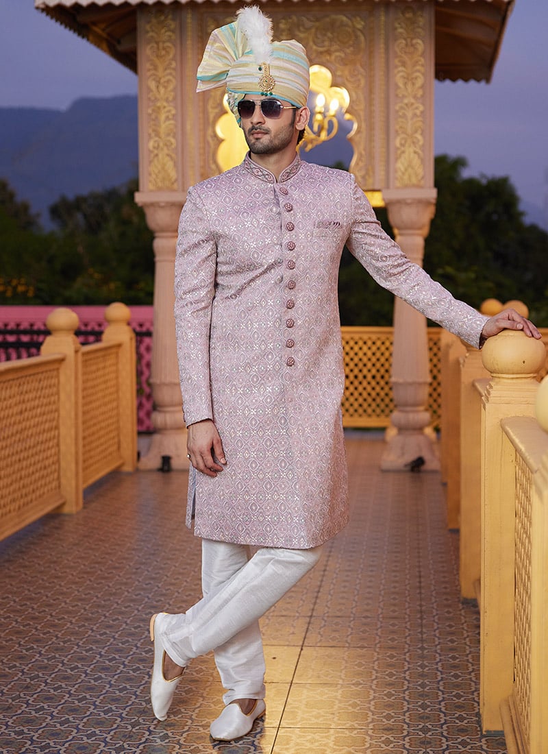 Onion Pink Silk Thread Hand Embroidered Classic Sherwani Wedding Wear