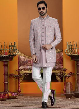 Onion Pink Silk Thread Sequins Embroidered Indowestern Sherwani