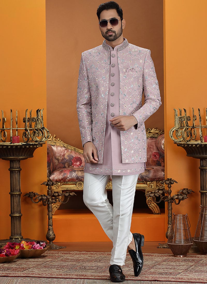 Onion Pink Silk Thread Sequins Embroidered Indowestern Sherwani Wedding Wear
