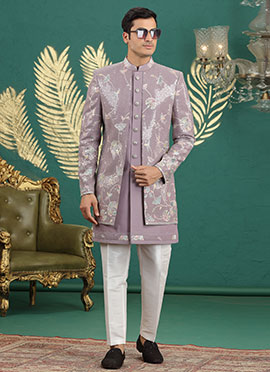 Onion Pink Silk Thread Sequins Embroidered Indowestern Sherwani
