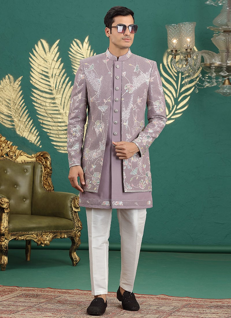 Onion Pink Silk Thread Sequins Embroidered Indowestern Sherwani Wedding Wear