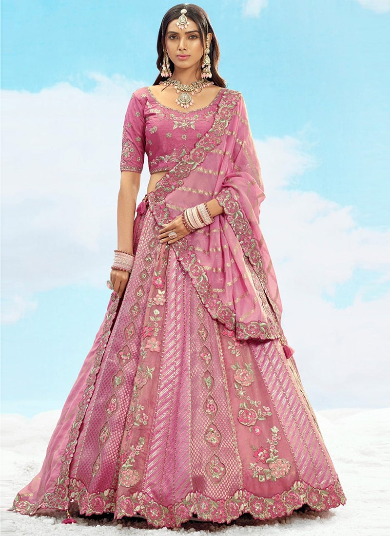 Onion Pink Silk Zari Embroidered Sequins Lehenga