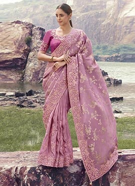 Onion Pink Tissue Silk Sequins Embroidered Stones Jacquard Thread Saree