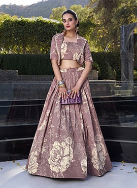 Onion Pink Tussar Silk Floral Print Jacket Lehenga Set Festive Wear