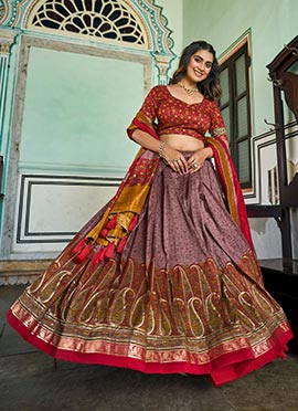 Onion Pink Tussar Silk Kashmiri Foil Print Lehenga