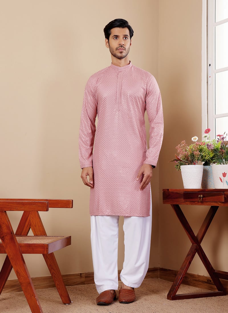 Onion Pink Viscose Embroidered Chikankari Work Kurta