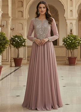 Onion Pink Zari Work With Foil Printed Abaya Style Anarkali Suit
