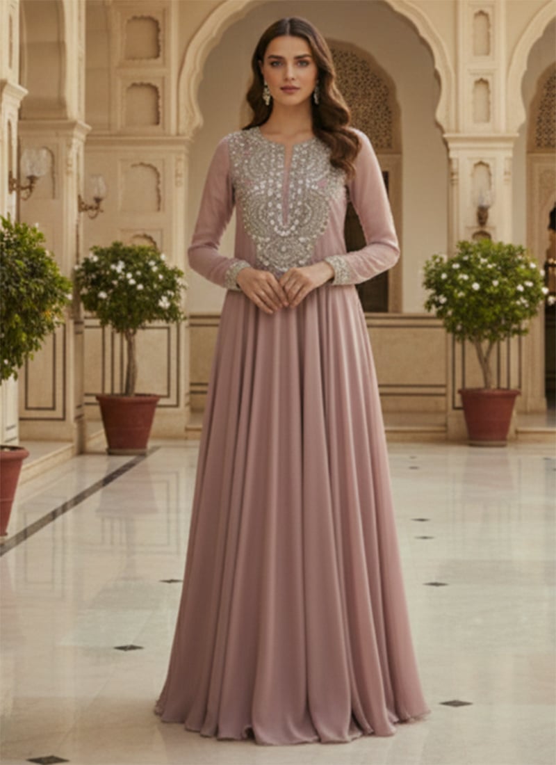 Onion Pink Zari Work With Foil Printed Abaya Style Anarkali Suit Wedding Wear