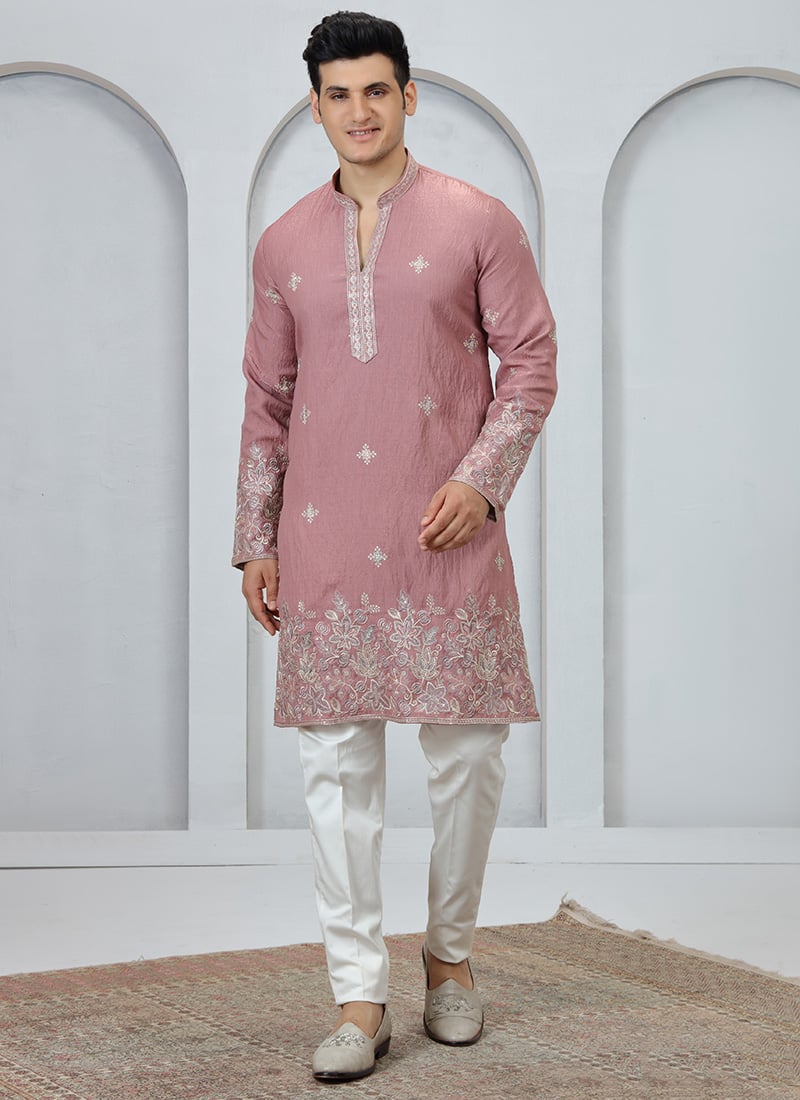 Onion Silk Embroidered Thread Work Kurta Pyjama Festive Wear