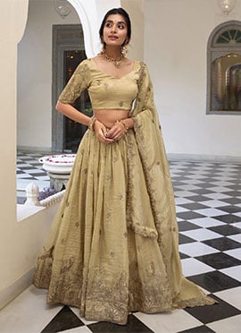 Opulent Beige Gold Crush Silk Zari Embroidered Sequins Thread Umbrella Lehenga