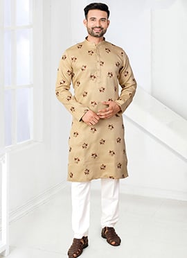 Opulent Beige Jacquard Silk Embroidered Thread Kurta Pyjama