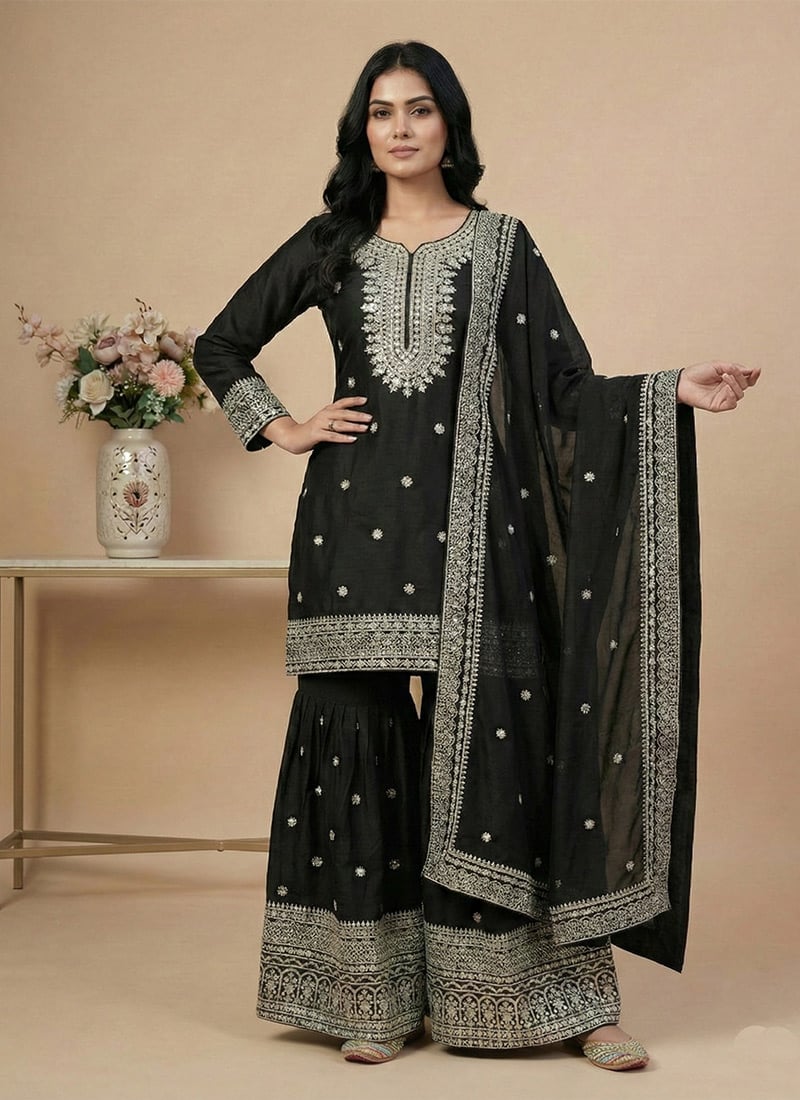 Opulent Black Chinon Embroidered Sequins Sharara Suit Festive Wear