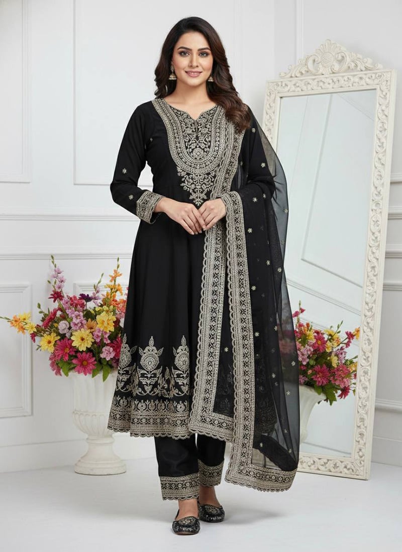 Opulent Black Georgette Embroidered Sequins Straight Pant Suit After Six Wear