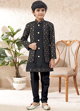 Opulent Black Malai Silk Zari Stone Work Kids Boys Indowestern Sherwani