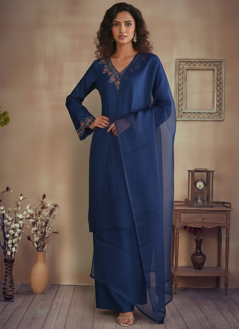 Opulent Blue Silk Resham Embroidered Salwar Suit Festive Wear