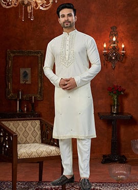Opulent Cream Malai Silk Embroidered Sequins Cutdana Thread Kurta Pyjama