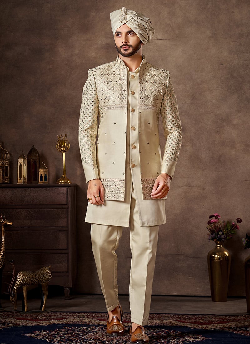 Opulent Cream Premium Silk Zari Embroidered Sequins Thread Indowestern Sherwani Wedding Wear