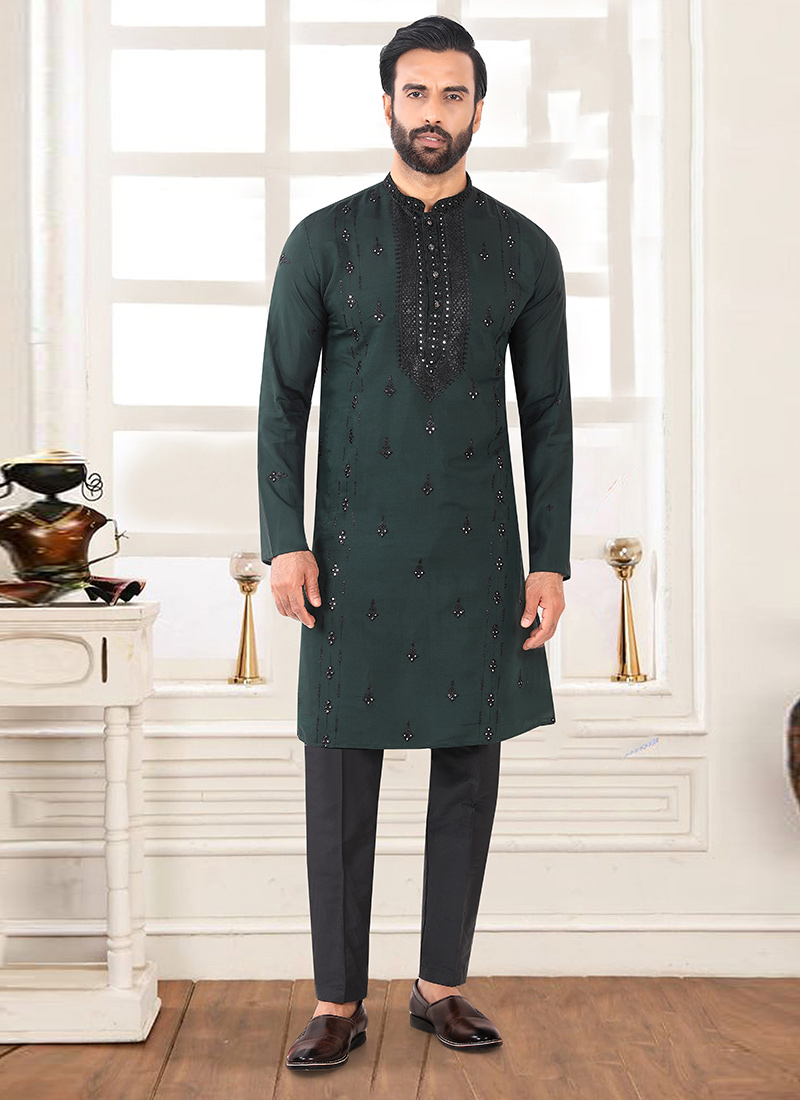 Opulent Dark Green Rayon Embroidered Sequins Thread Kurta Pyjama   Festive Wear