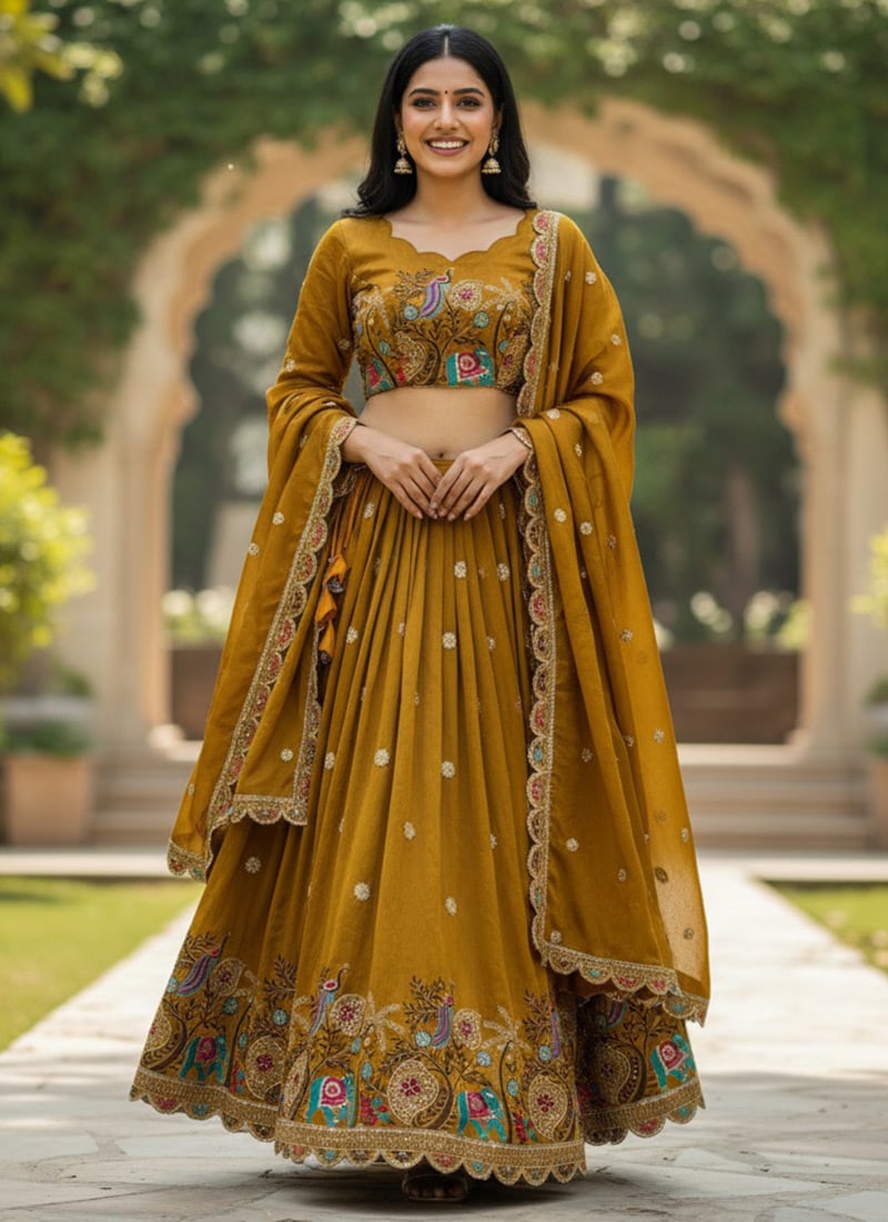 Opulent Dark Mustard Vichitra Silk Embroidered Sequins Umbrella Lehenga Festive Wear
