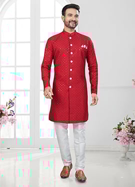 Opulent Design Red Rayon Embroidered Sequins Indowestern Sherwani