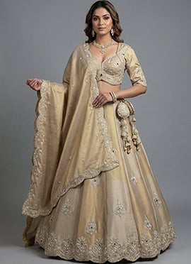 Opulent Golden Silk Tissue Embroidered Umbrella Lehenga