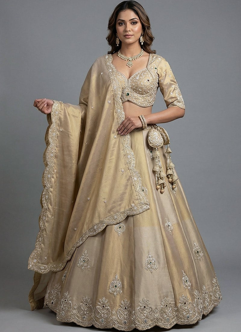 Opulent Golden Silk Tissue Embroidered Umbrella Lehenga Wedding Wear