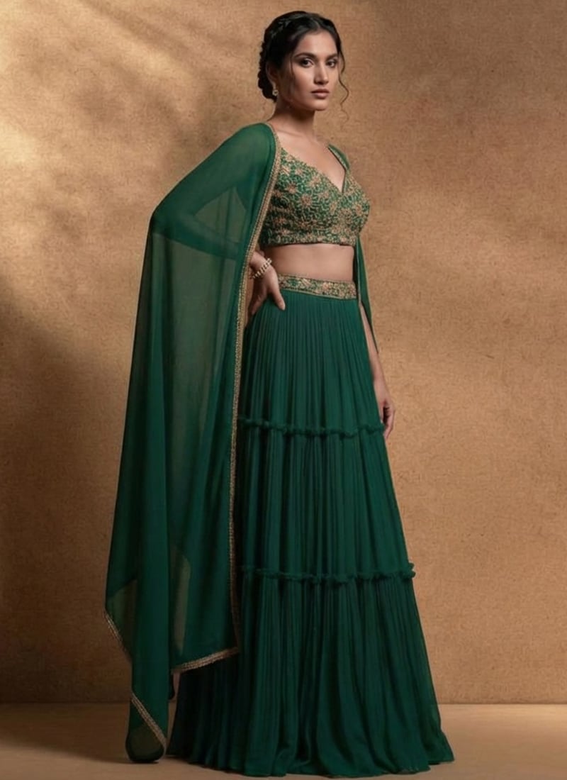 Opulent Green Faux Georgette Sequins Hand Embroidered A Line Lehenga Wedding Wear