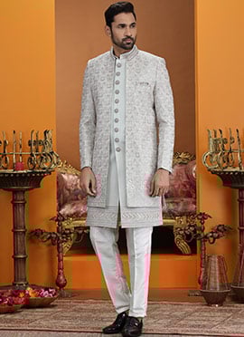Opulent Green Silk Sequins Embroidered Thread Indowestern Sherwani