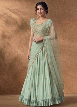 Opulent Light Green Faux Georgette Beads Zari Hand Embroidered A Line Lehenga