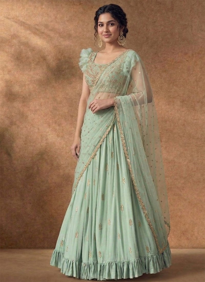 Opulent Light Green Faux Georgette Beads Zari Hand Embroidered A Line Lehenga Wedding Wear