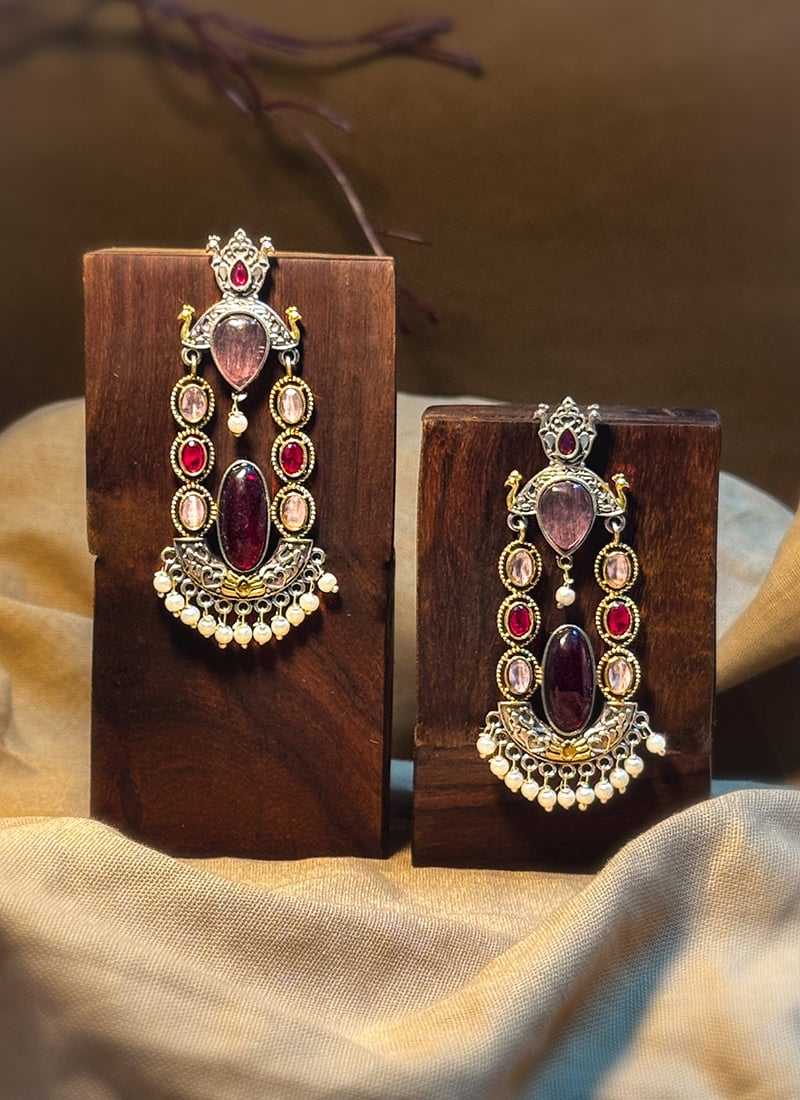 Opulent Maroon Kundan Beads Oxidised Chandeliers Festive Wear